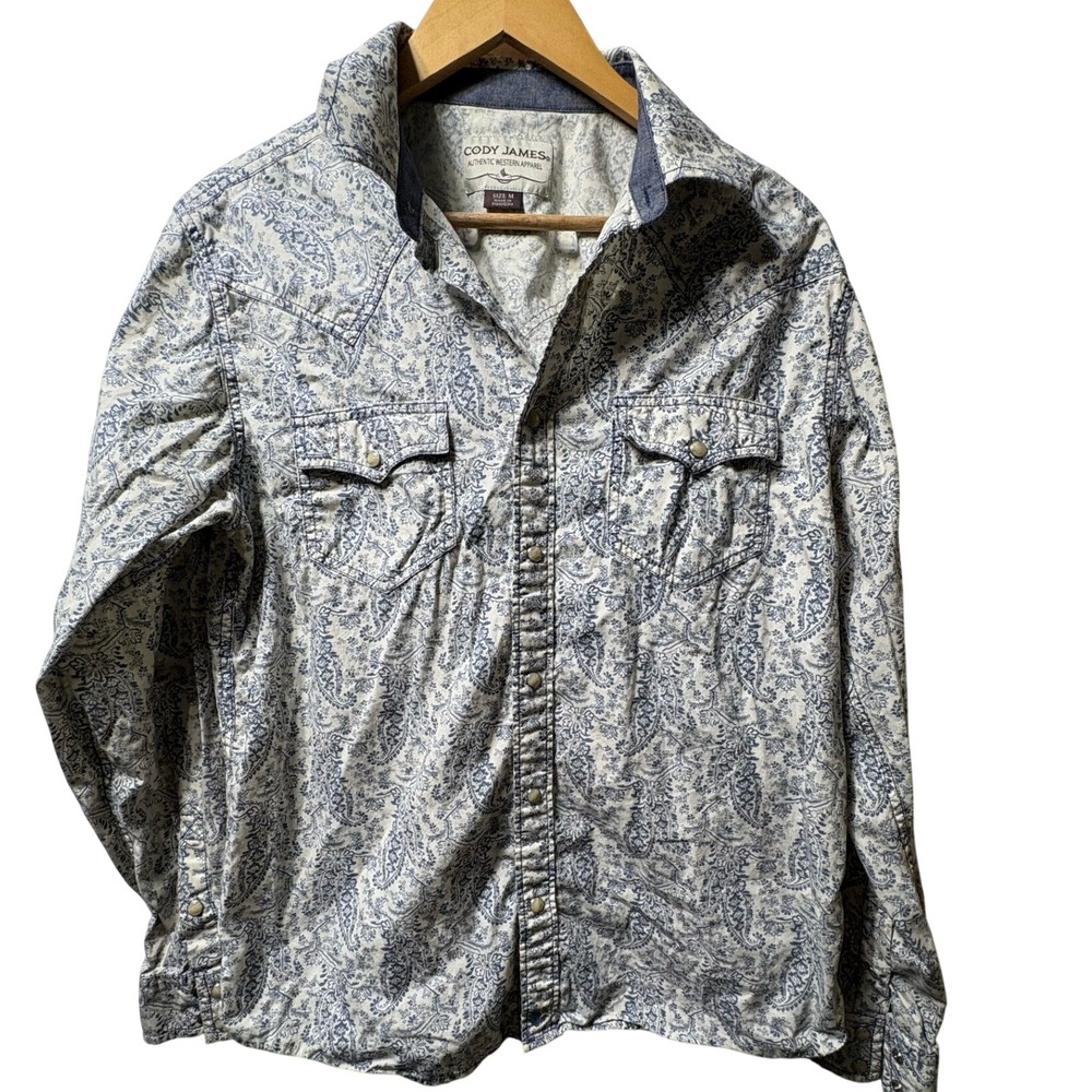 Cody James Western Shirt Mens Medium Blue Paisley Pearl Snap Long Sleeve Cotton